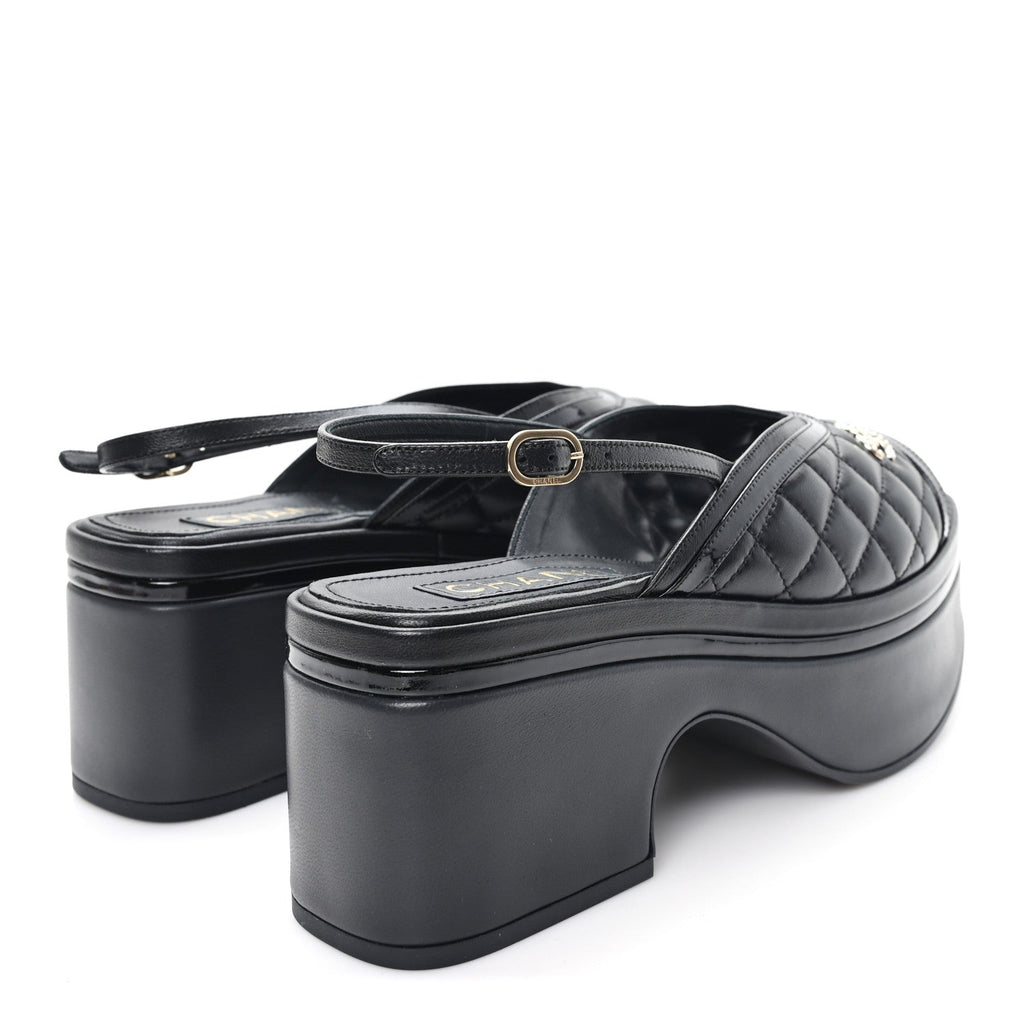 Lambskin Patent Quilted CC Platform Sandals 39.5 Black