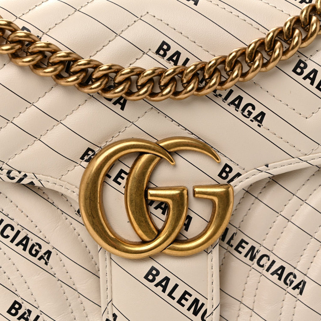 Gucci X BALENCIAGA Calfskin Matelasse Logo Print Small GG Marmont Shoulder Bag White