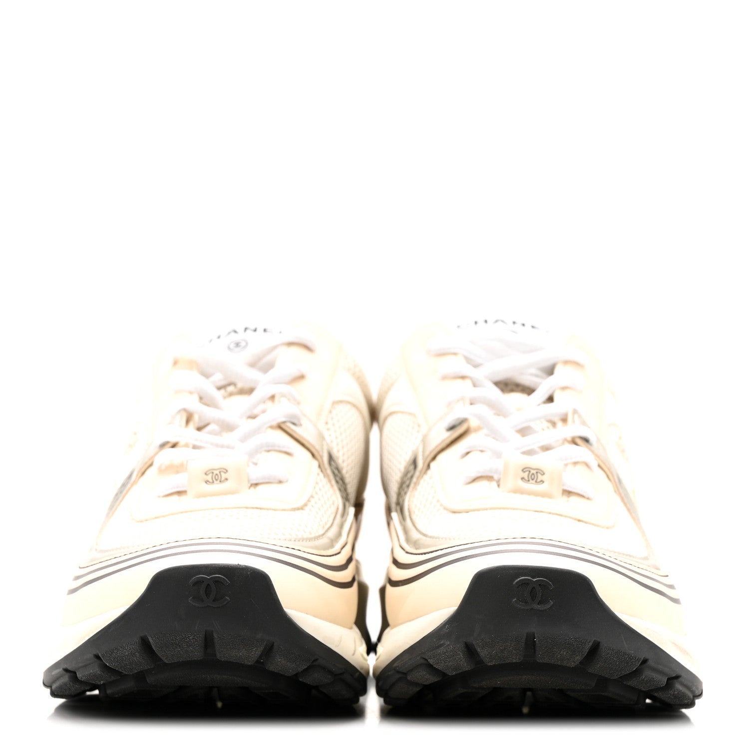 Fabric Laminated Calfskin Stretch CC Sneakers 37 Ivory White Silver
