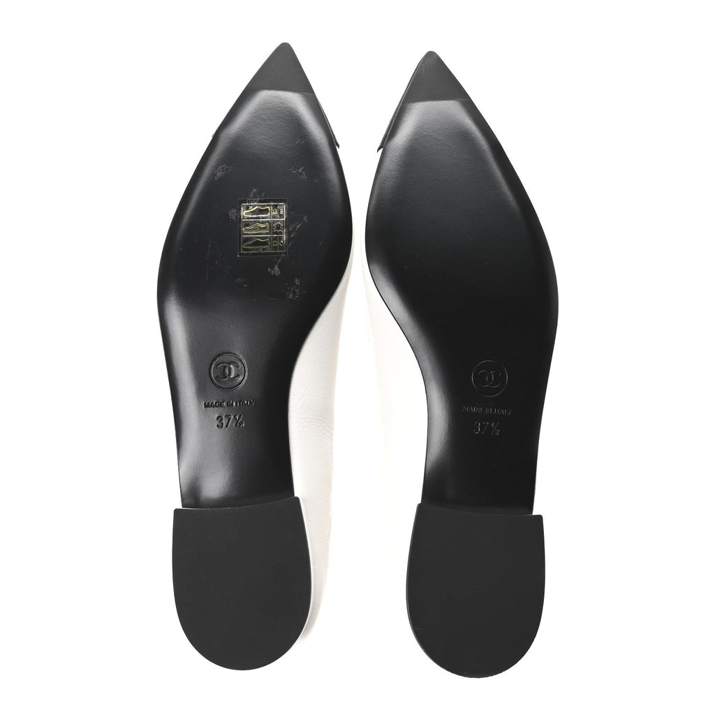 Chanel Shiny Lambskin Grosgrain Pearl Mary Janes Flats 37.5 White Black