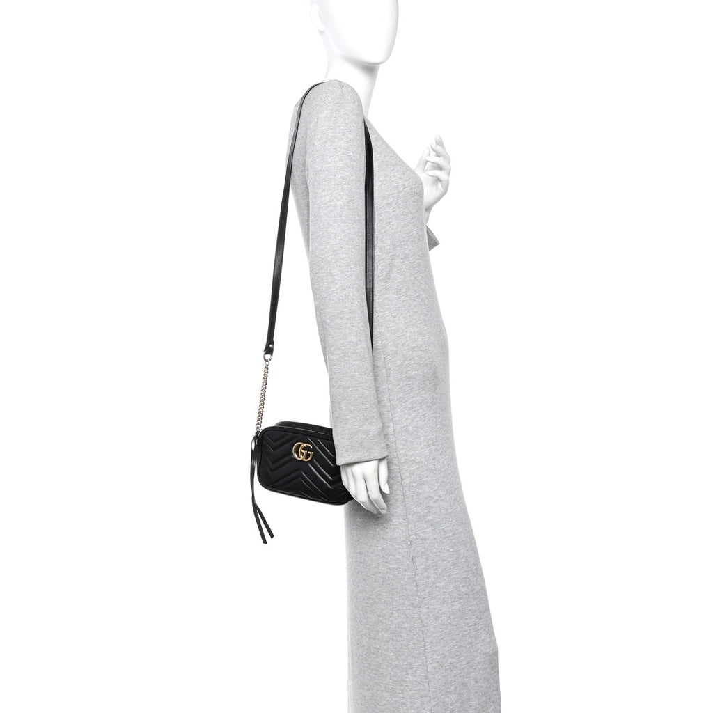 Gucci Calfskin Matelasse Mini GG Marmont Chain Shoulder Bag Black