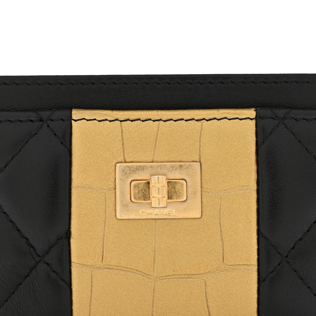 Lambskin Metallic Calfskin Crocodile Embossed 2.55 Reissue Card Holder Black Gold