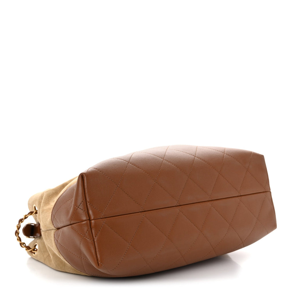 Chanel Suede Calfskin Shiny Lambskin Quilted Small Coco Base Shopping Bag Beige Camel