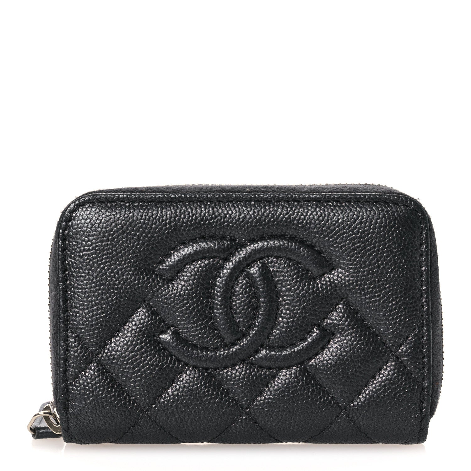 Metallic Caviar Quilted CC Zip Around Coin Purse Wallet Dark Grey