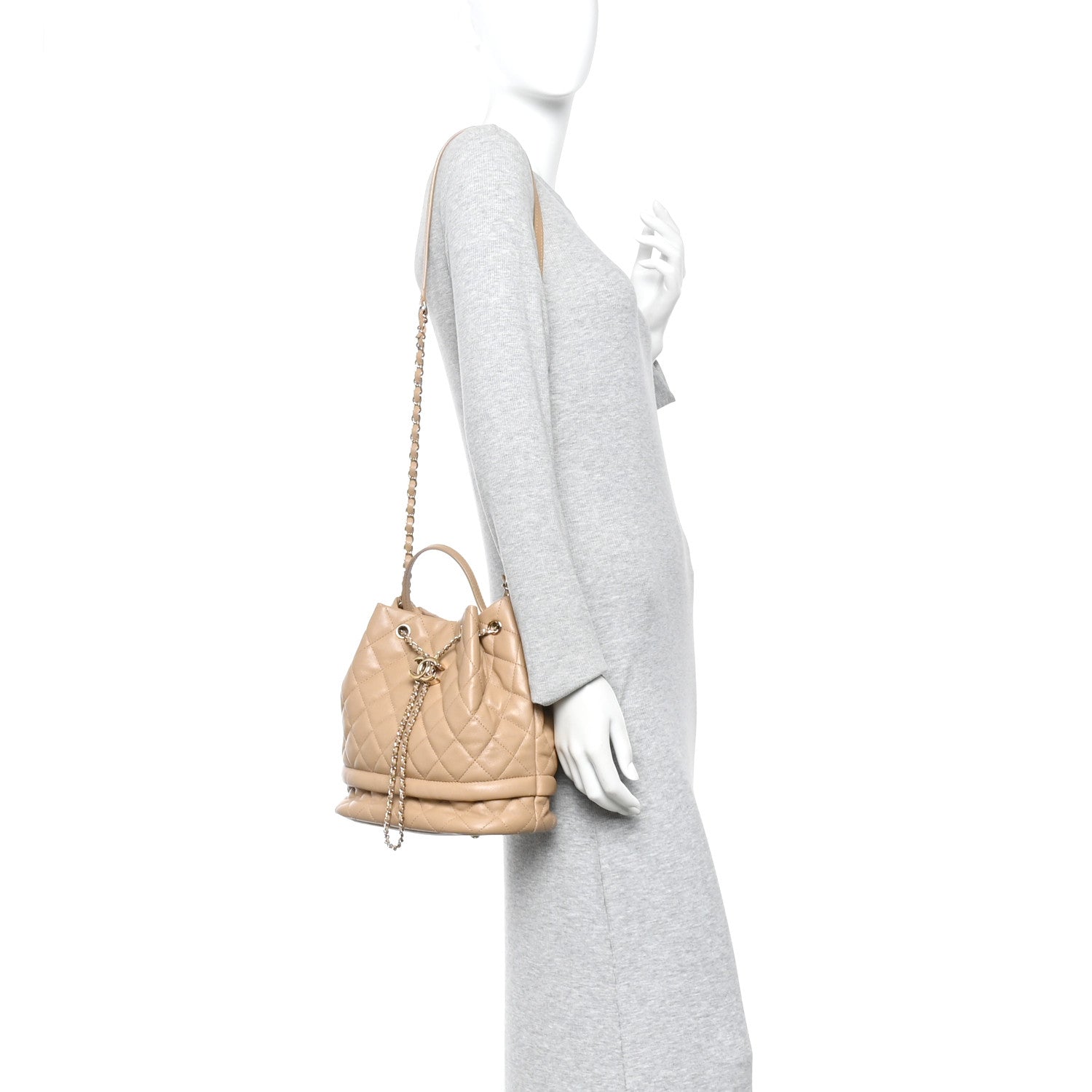 Chanel Caviar Quilted Large Rolled Up Bucket Drawstring Bag Beige