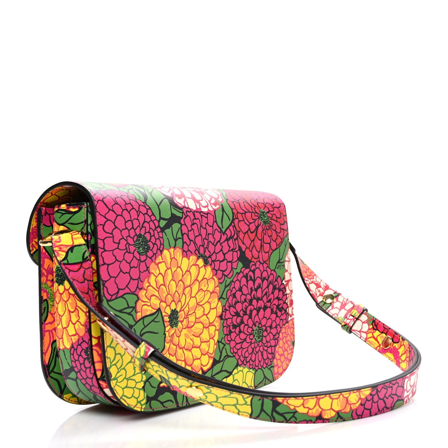Gucci X KEN SCOTT Textured Calfskin Pomponica Print Horsebit 1955 Shoulder Bag Multicolor Fuxia Pompom