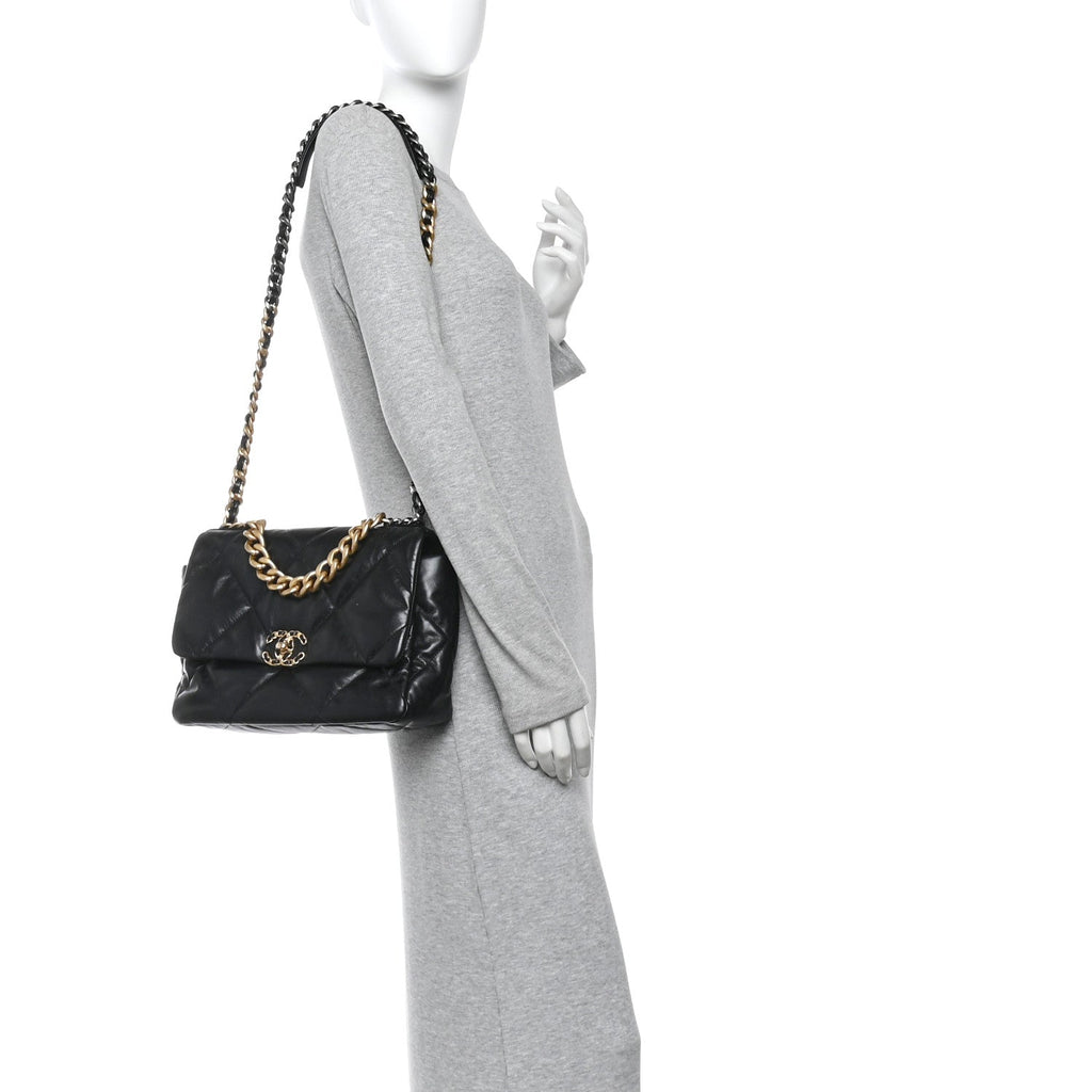 Chanel Shiny Goatskin Quilted Large Chanel 19 Flap Black
