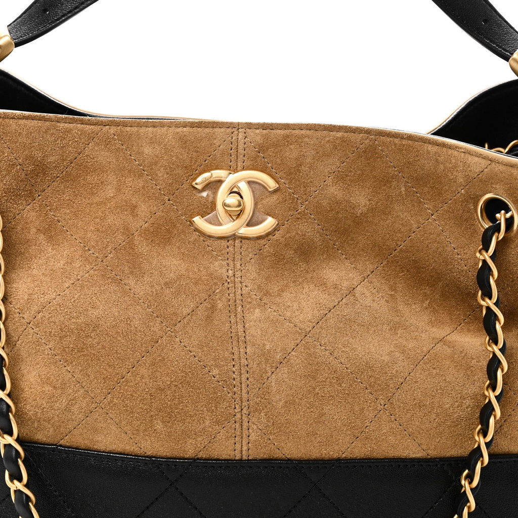 Chanel Suede Calfskin Shiny Lambskin Quilted Small Coco Base Shopping Bag Beige Black
