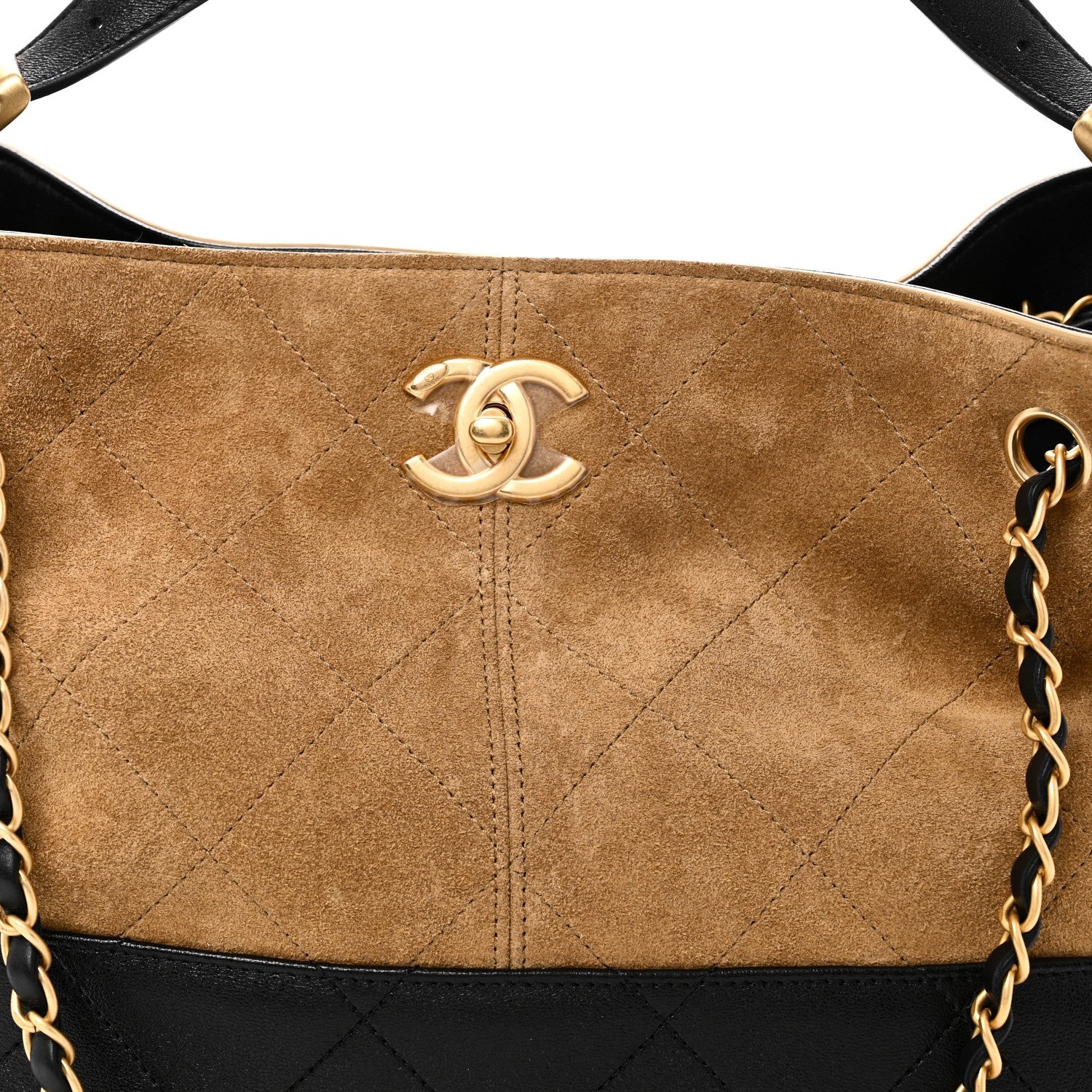 Chanel Suede Calfskin Shiny Lambskin Quilted Small Coco Base Shopping Bag Beige Black