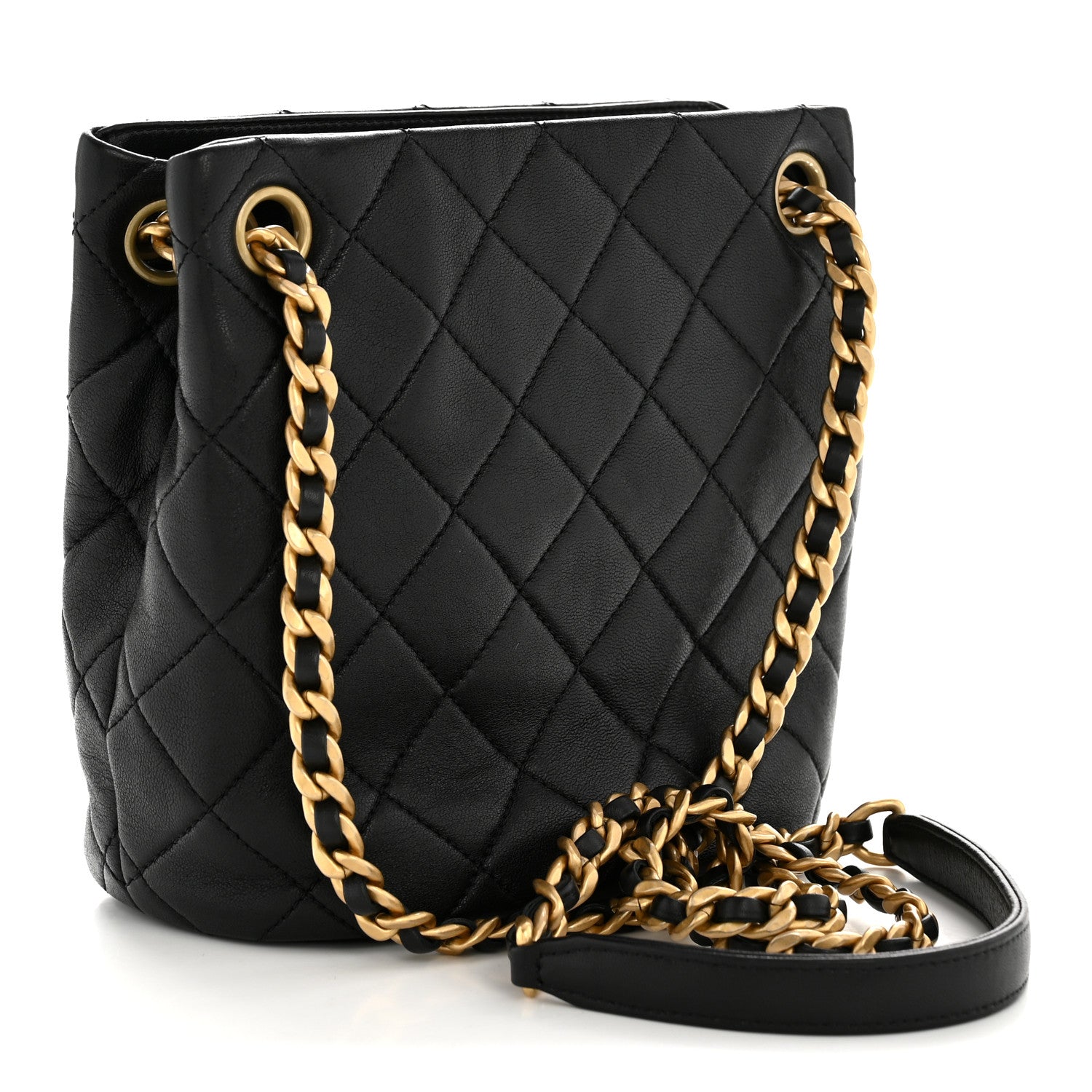 Chanel Lambskin Quilted Chaine Lettre Small Bucket Bag Black