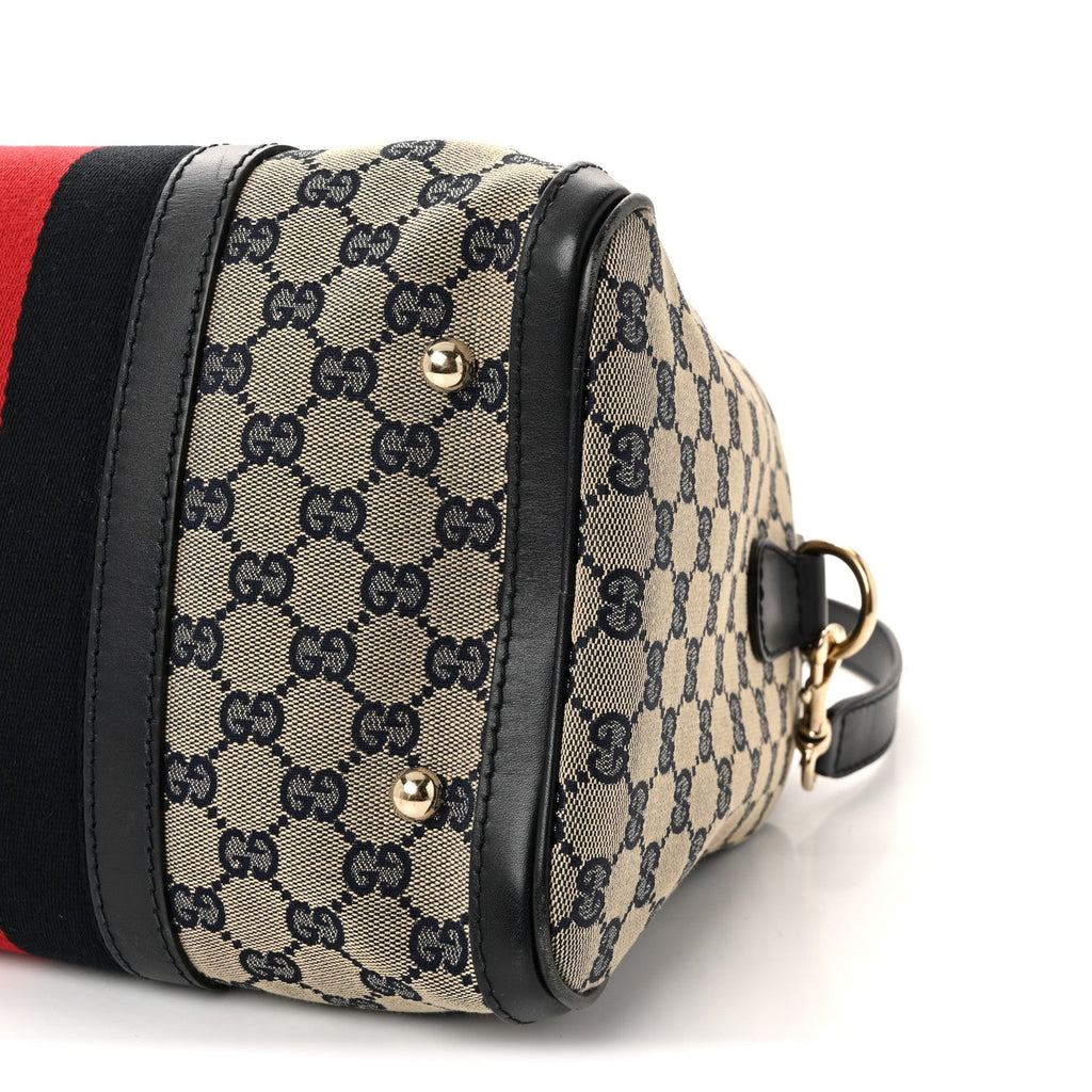 Gucci Monogram Selleria Calfskin Vintage Web Medium Boston Beige Blue