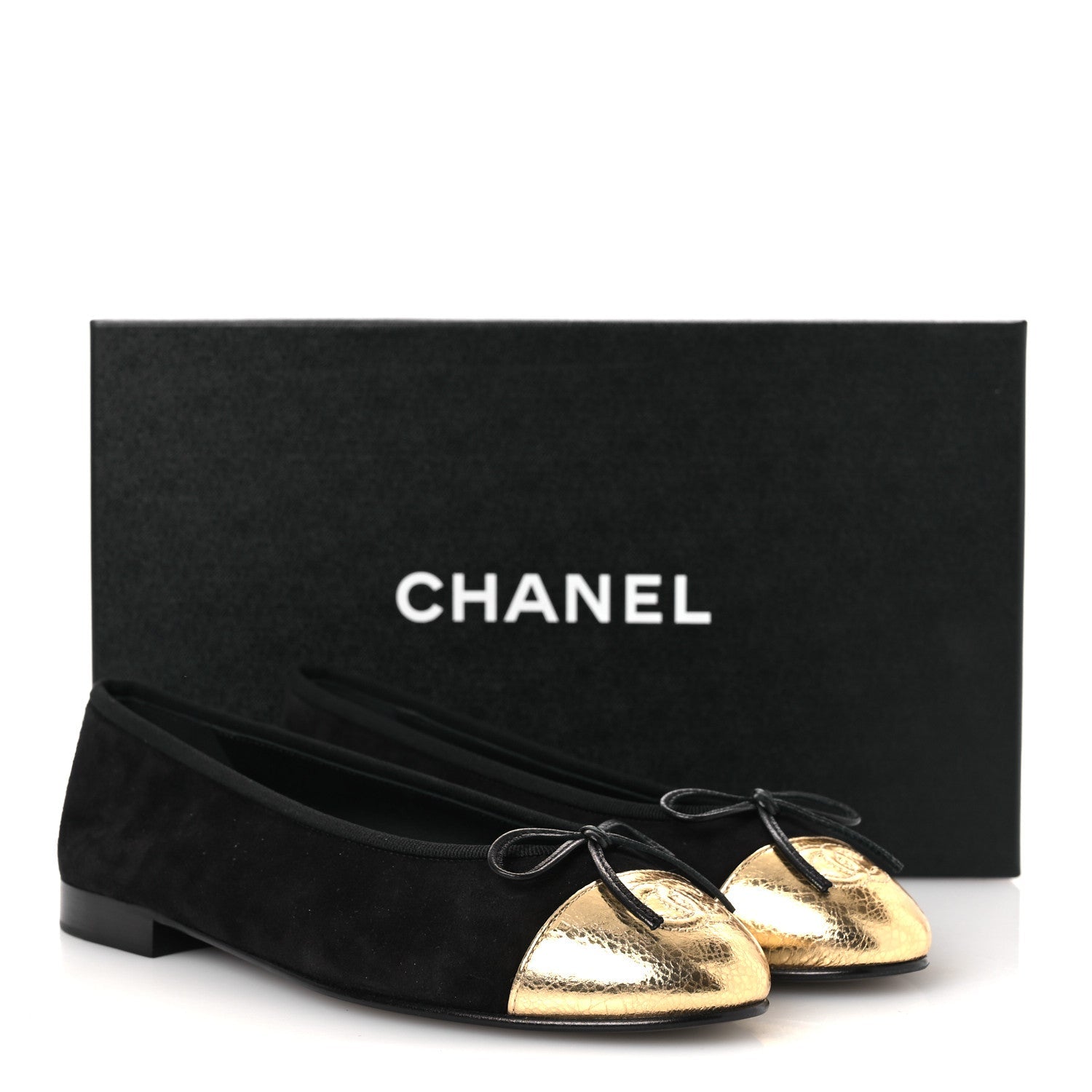 Chanel Suede Crackled Laminated Calfskin Cap Toe Ballerina Flats 36.5 Black Gold