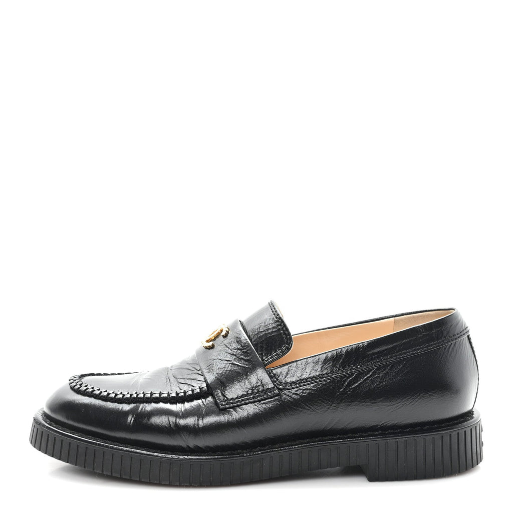 Chanel Shiny Crumpled Calfskin CC Mocassin Loafers 38.5 Black