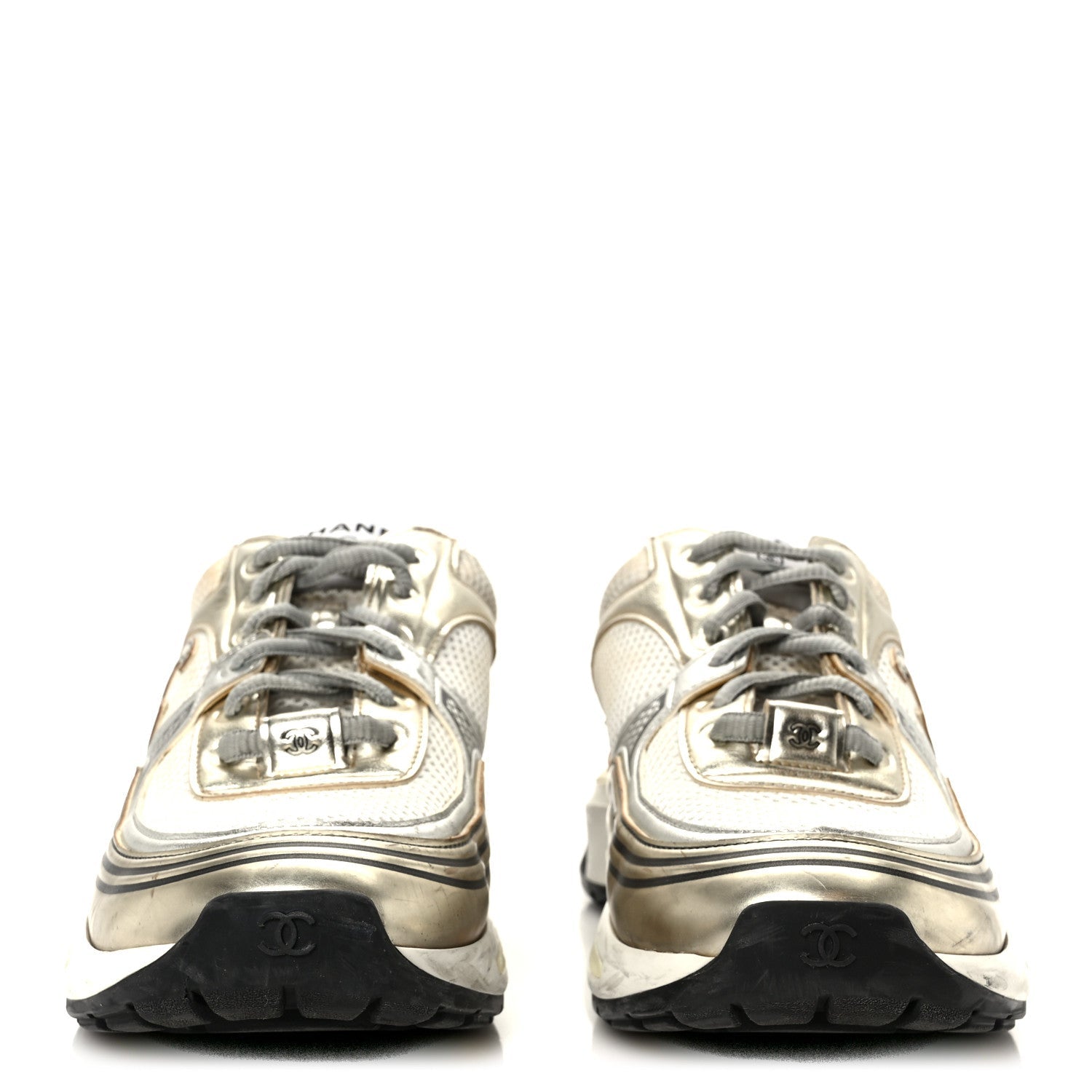 Fabric Laminated Calfskin Stretch CC Sneakers 39.5 White Gold Silver