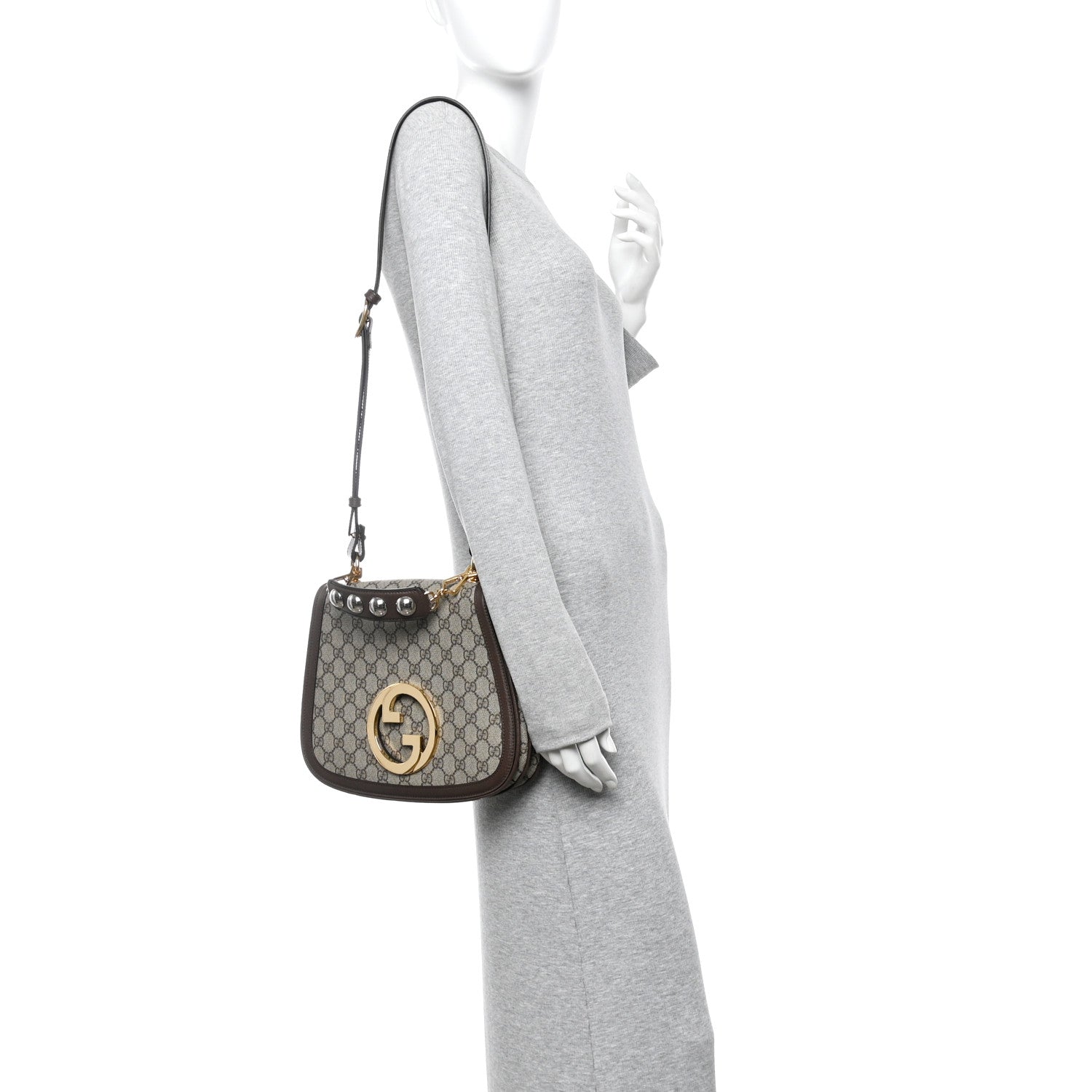 Gucci GG Supreme Monogram Textured Dollar Calfskin Web Medium Blondie Top Handle Shoulder Flap Bag Beige Ebony New Acero