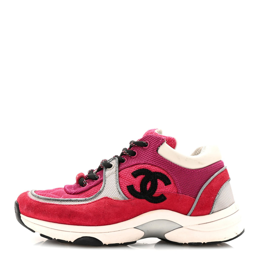 Mesh Suede Calfskin Womens CC Sneakers 35 Dark Pink Silver