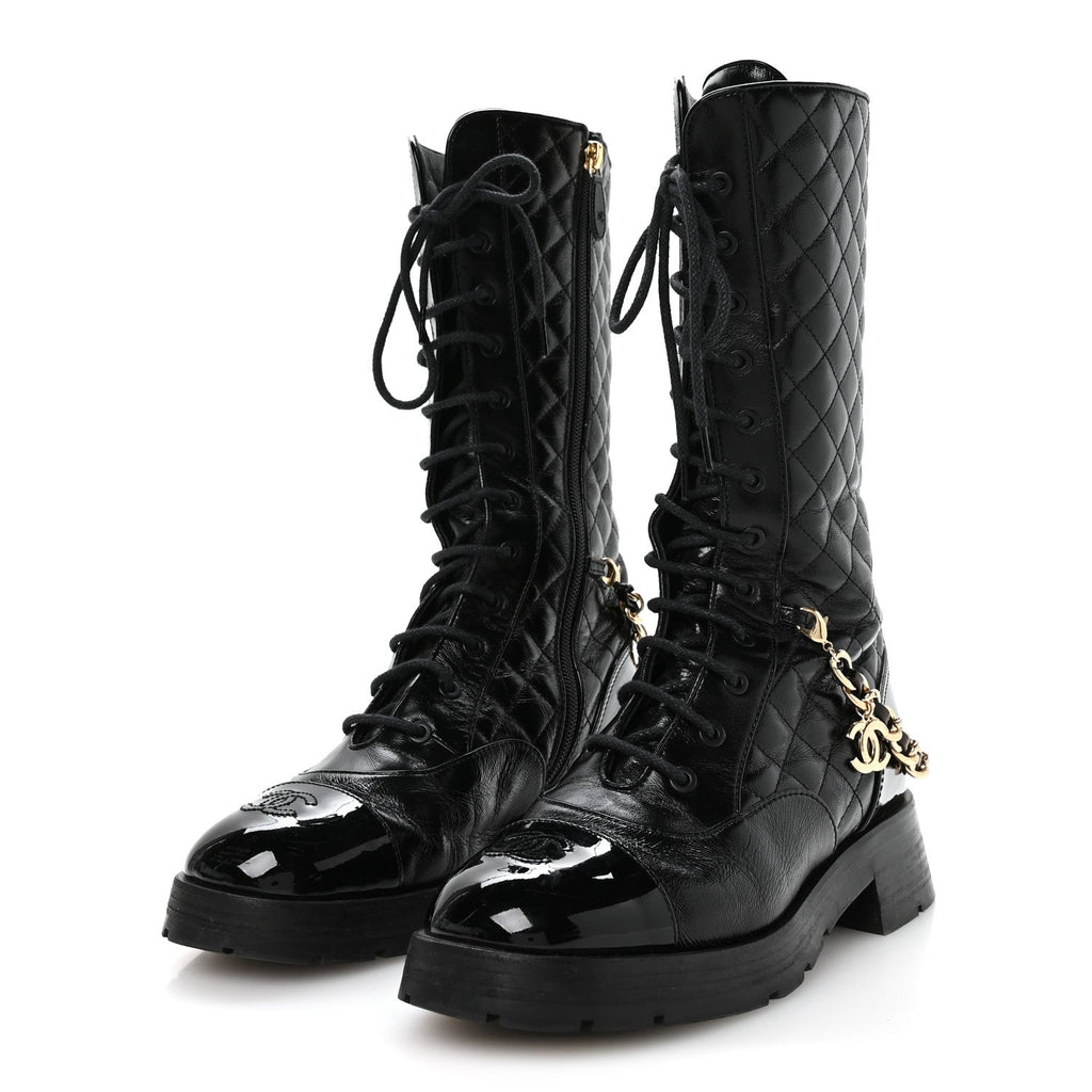 Chanel Shiny Calfskin Patent Quilted Chain Lace Up Combat Long Boots 38.5 Black