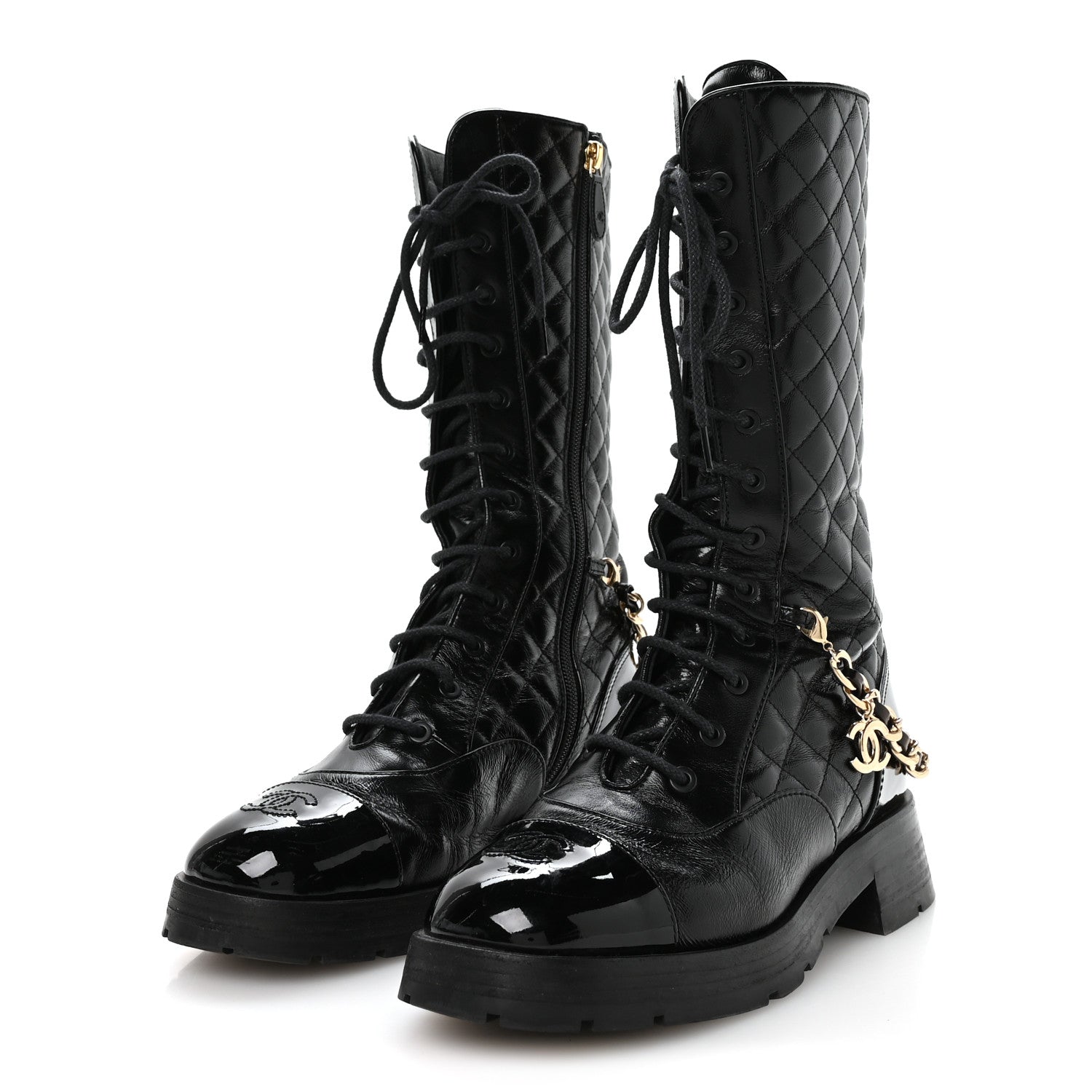 Chanel Shiny Calfskin Patent Quilted Chain Lace Up Combat Long Boots 38.5 Black
