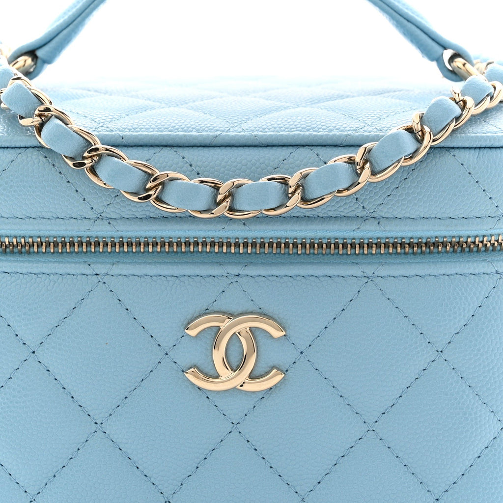 Chanel Caviar Quilted Top Handle Vanity Case With Chain Blue