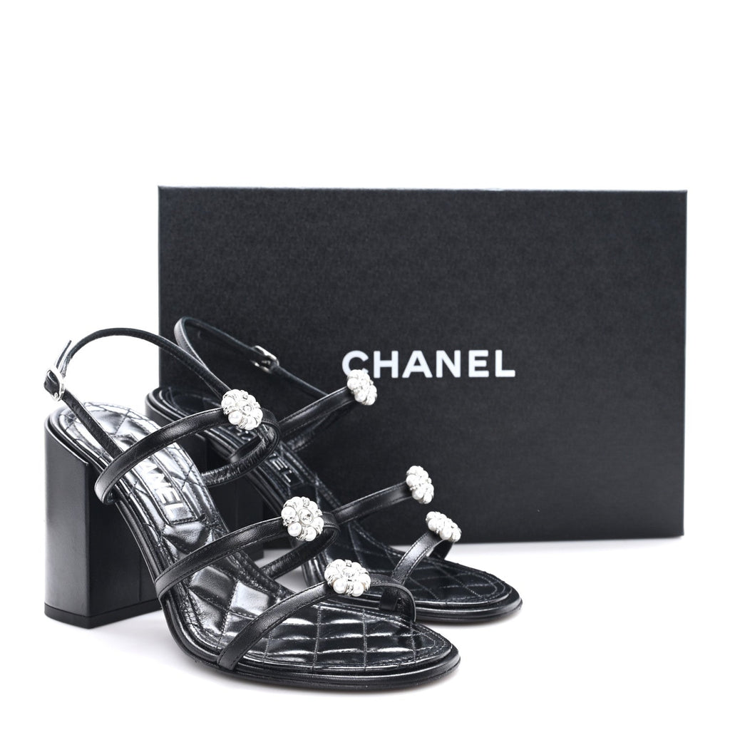 Laminated Lambskin Pearl CC Sandals 37.5 Black