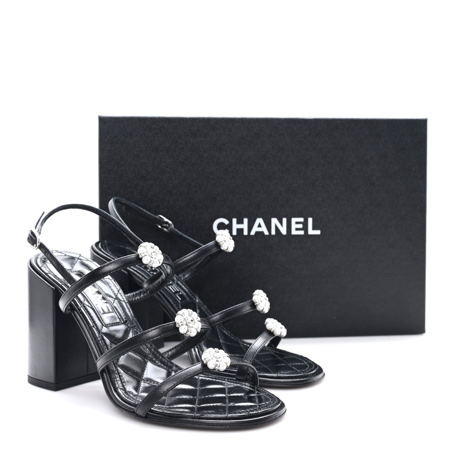 Laminated Lambskin Pearl CC Sandals 37.5 Black