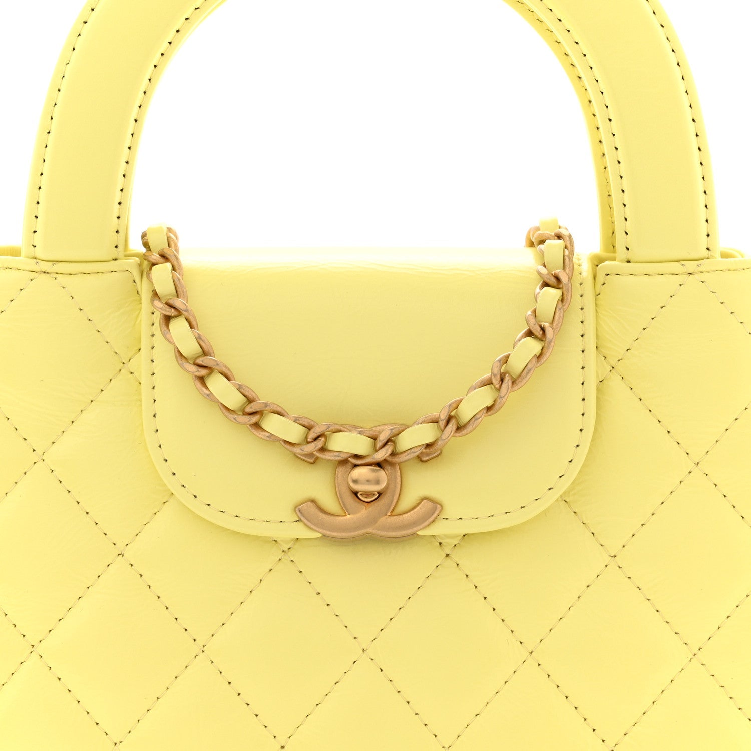 Chanel Shiny Aged Calfskin Quilted Nano Kelly Shopper Light Yellow