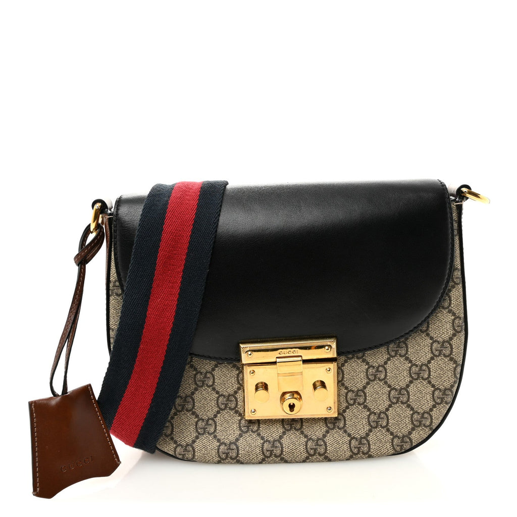 Gucci GG Supreme Monogram Web Medium Padlock Messenger Shoulder Bag Black