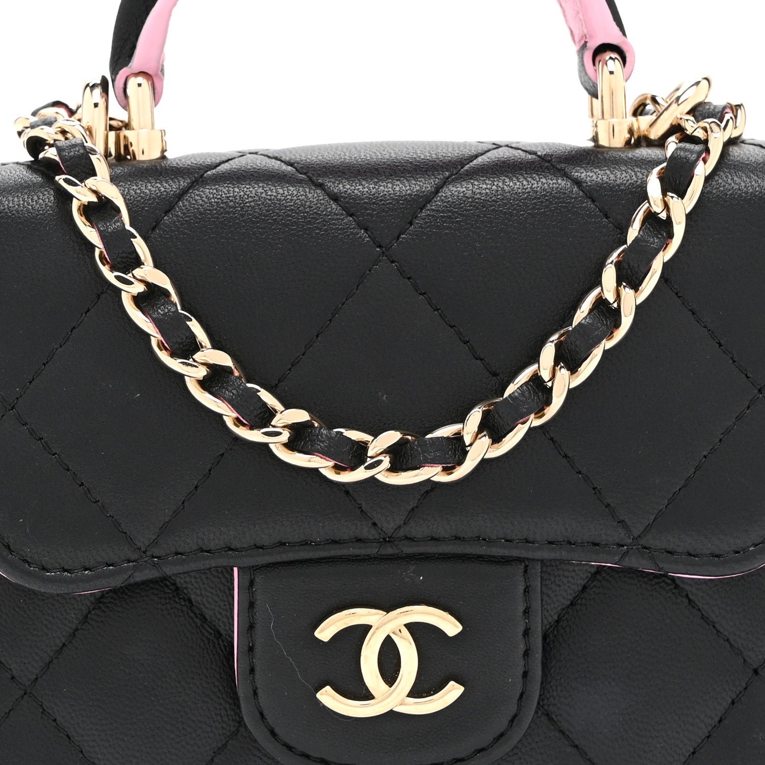 Chanel Lambskin Quilted Bi-Color Top Handle Clutch With Chain Black Pink