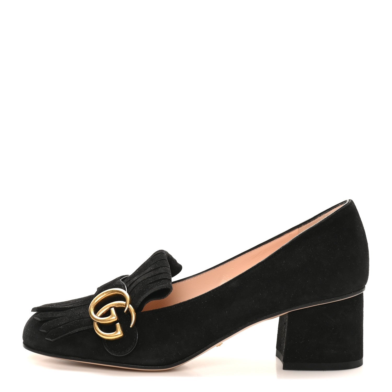 Gucci Kid Scamosciato GG Marmont Fringe 50mm Loafer Pumps 38 Black