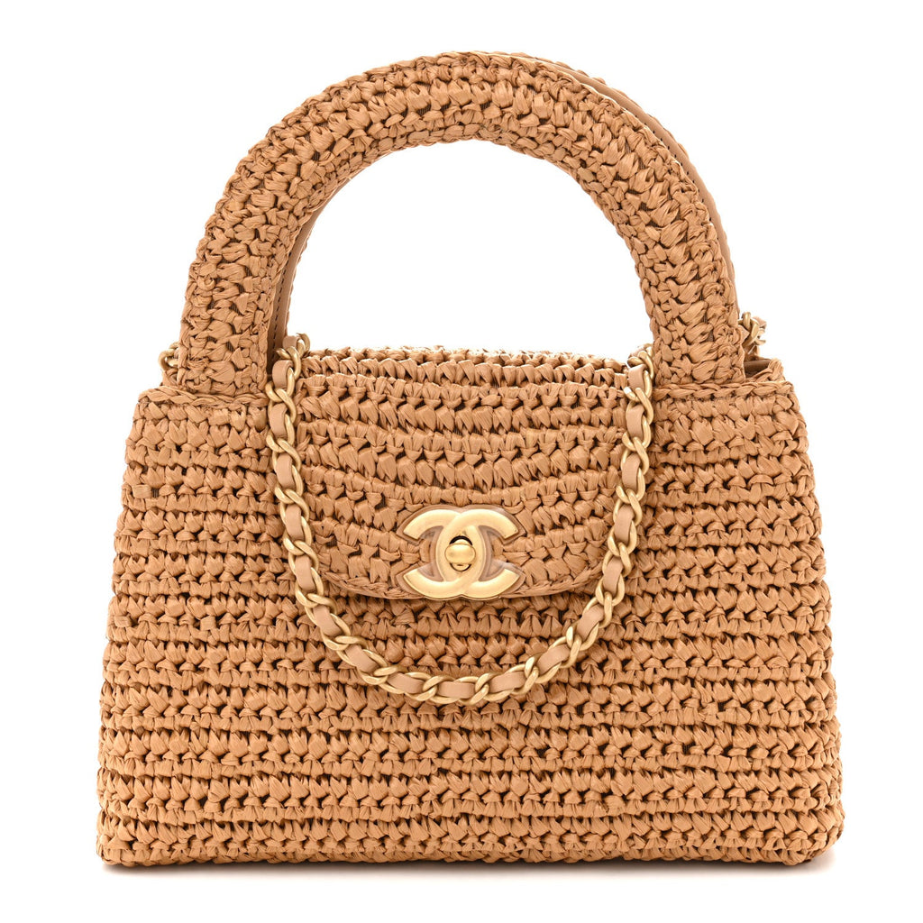 Chanel Braided Raffia Nano Kelly Flap Bag Dark Beige