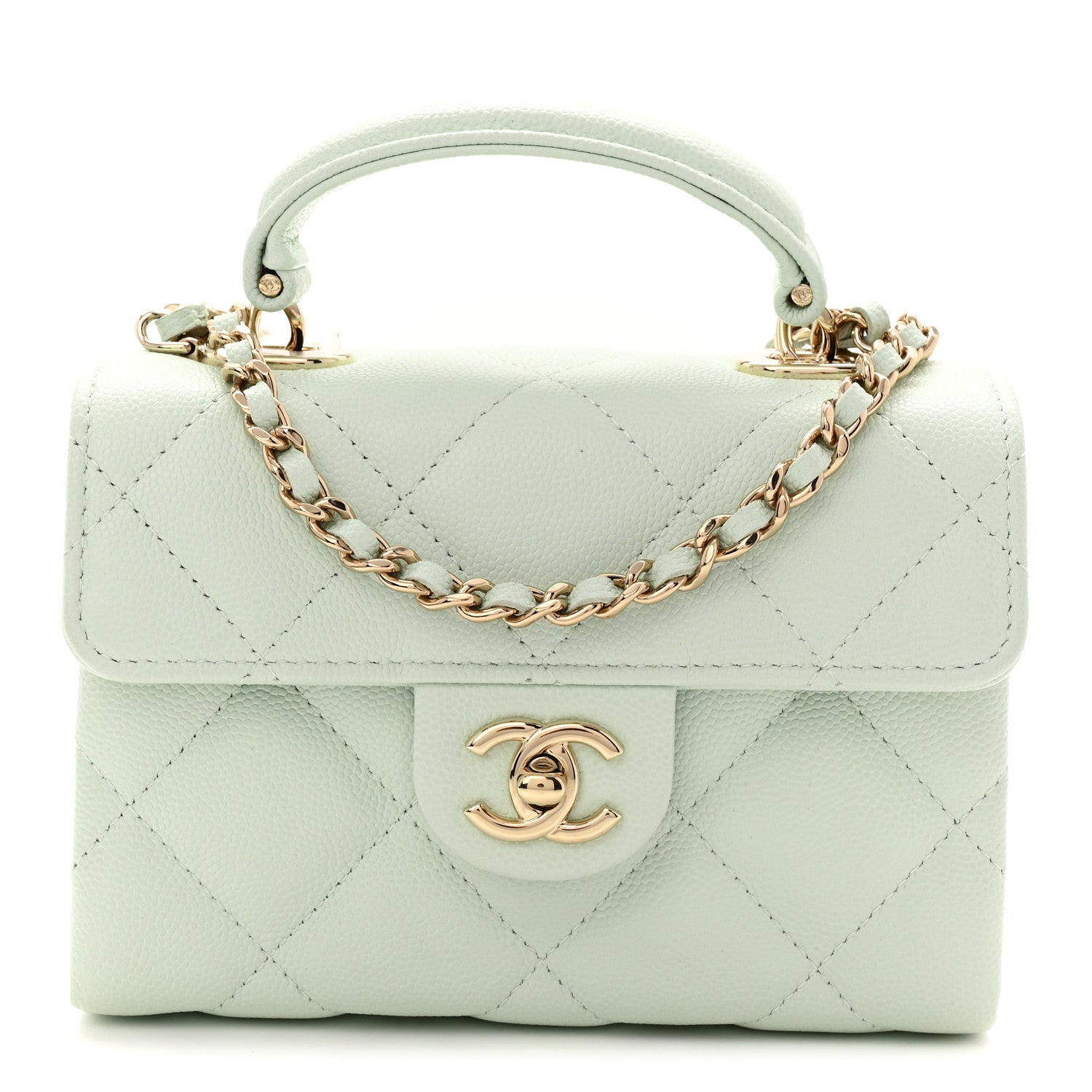 Chanel Caviar Quilted Retro Twist Top Handle Clutch Light Green