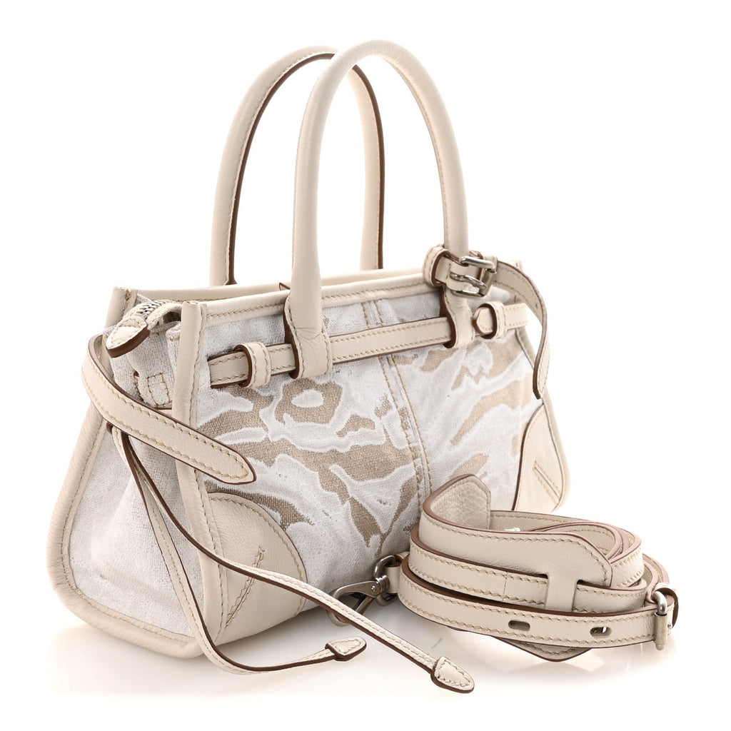 Prada Linen Calfskin Triangle Mini Bonnie Hand Bag White