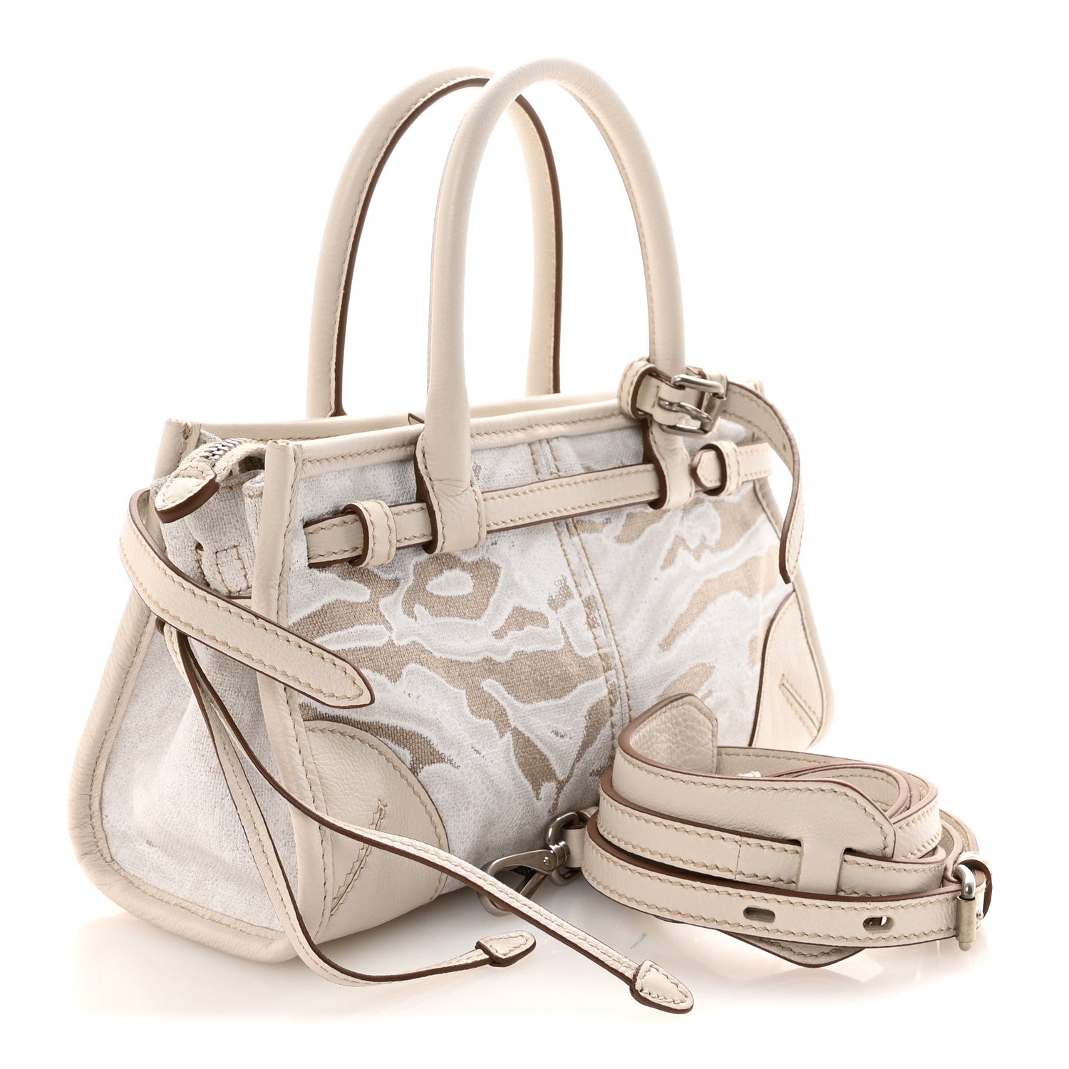 Prada Linen Calfskin Triangle Mini Bonnie Hand Bag White