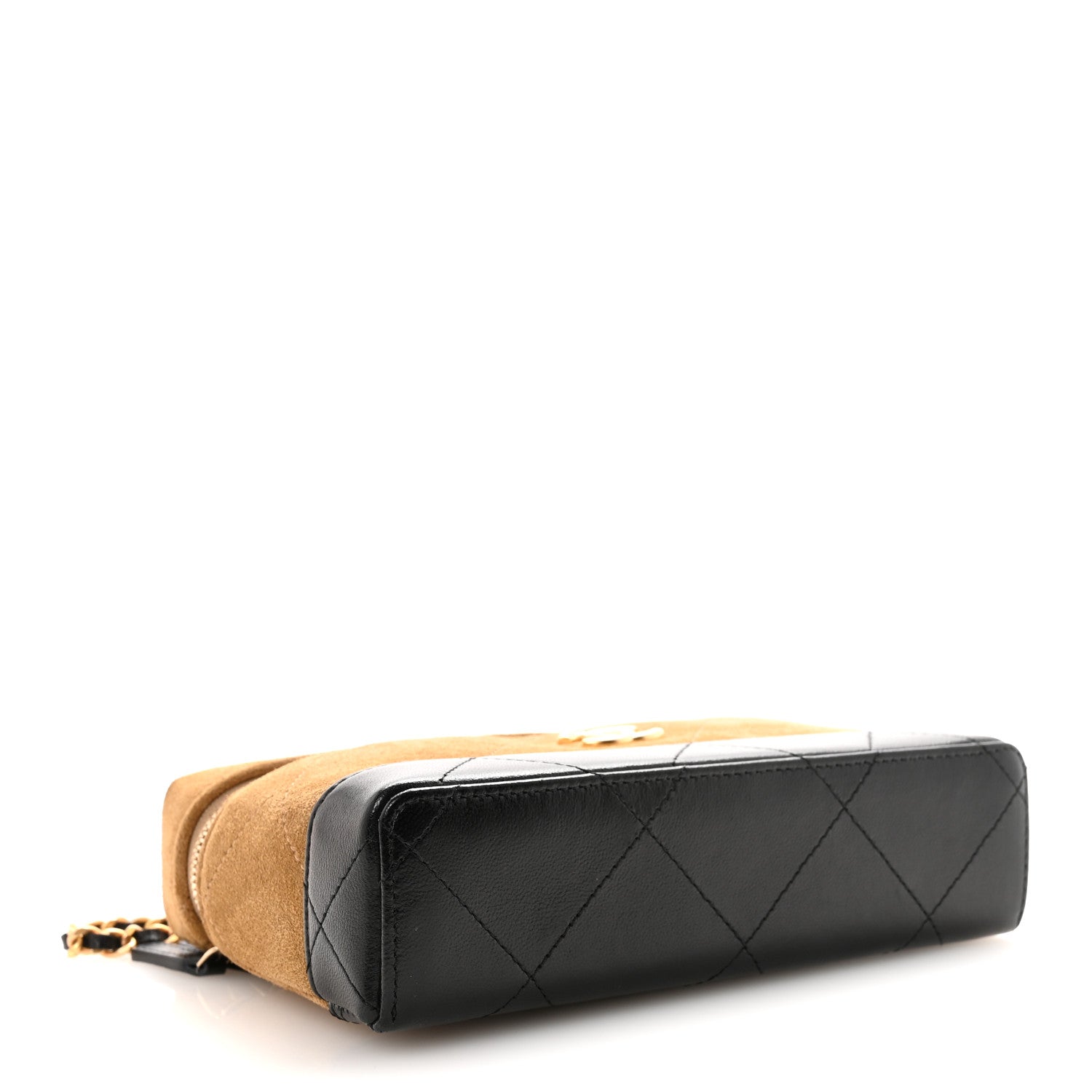 Chanel Suede Calfskin Shiny Lambskin Quilted Top Handle Slim Vanity Case With Chain Beige Black