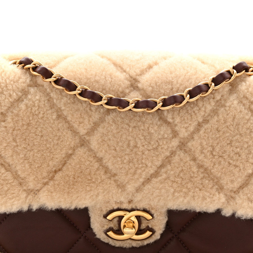 Chanel Shearling Lambskin Quilted Furry Coco Flap Dark Brown Beige