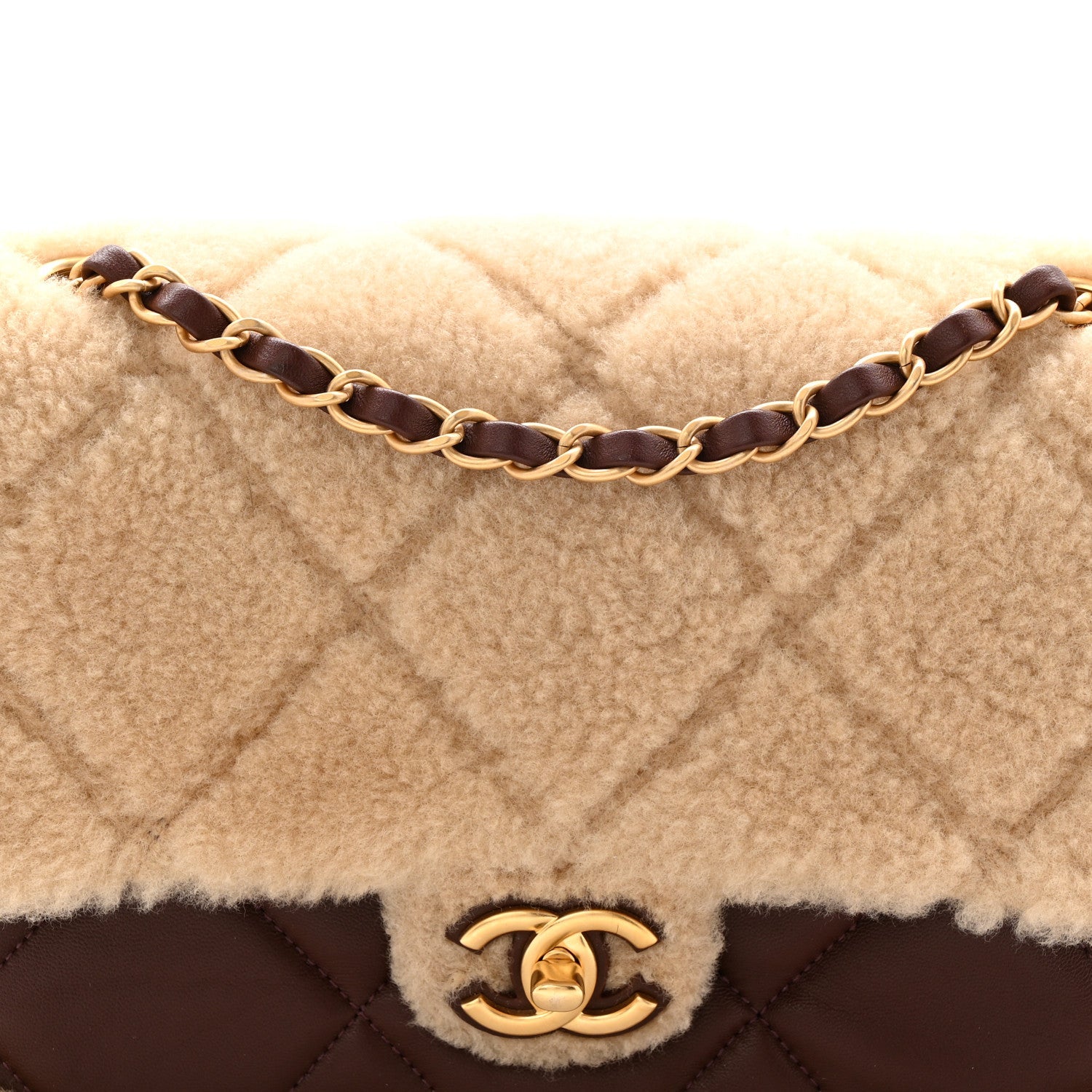 Chanel Shearling Lambskin Quilted Furry Coco Flap Dark Brown Beige