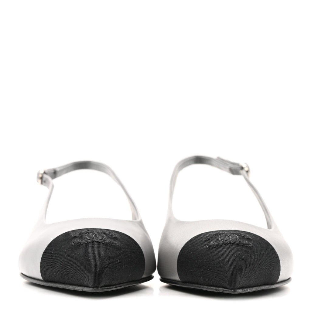 Goatskin Grosgrain Pointed Toe CC Slingback Flats 36.5 Gray Black