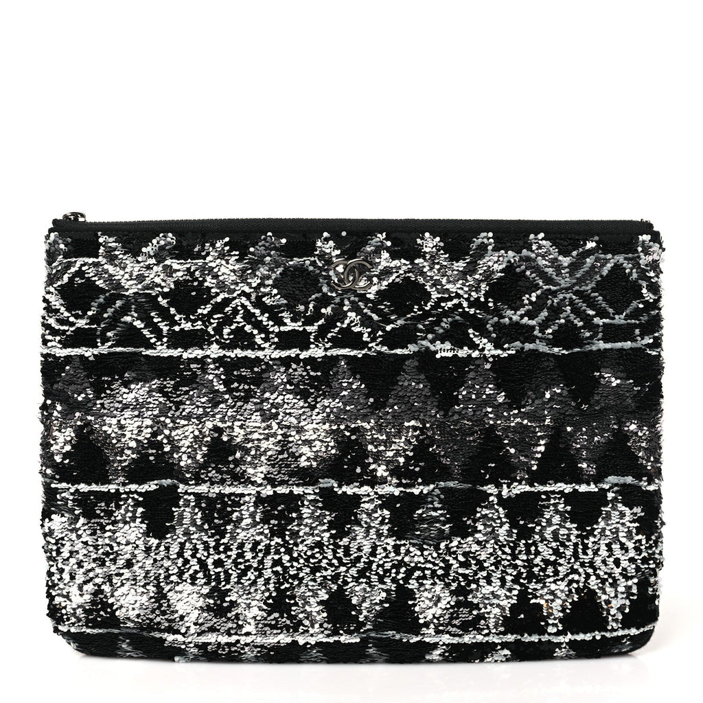 Chanel Sequin Wool Quilted Cosmetic Pouch Black Silver