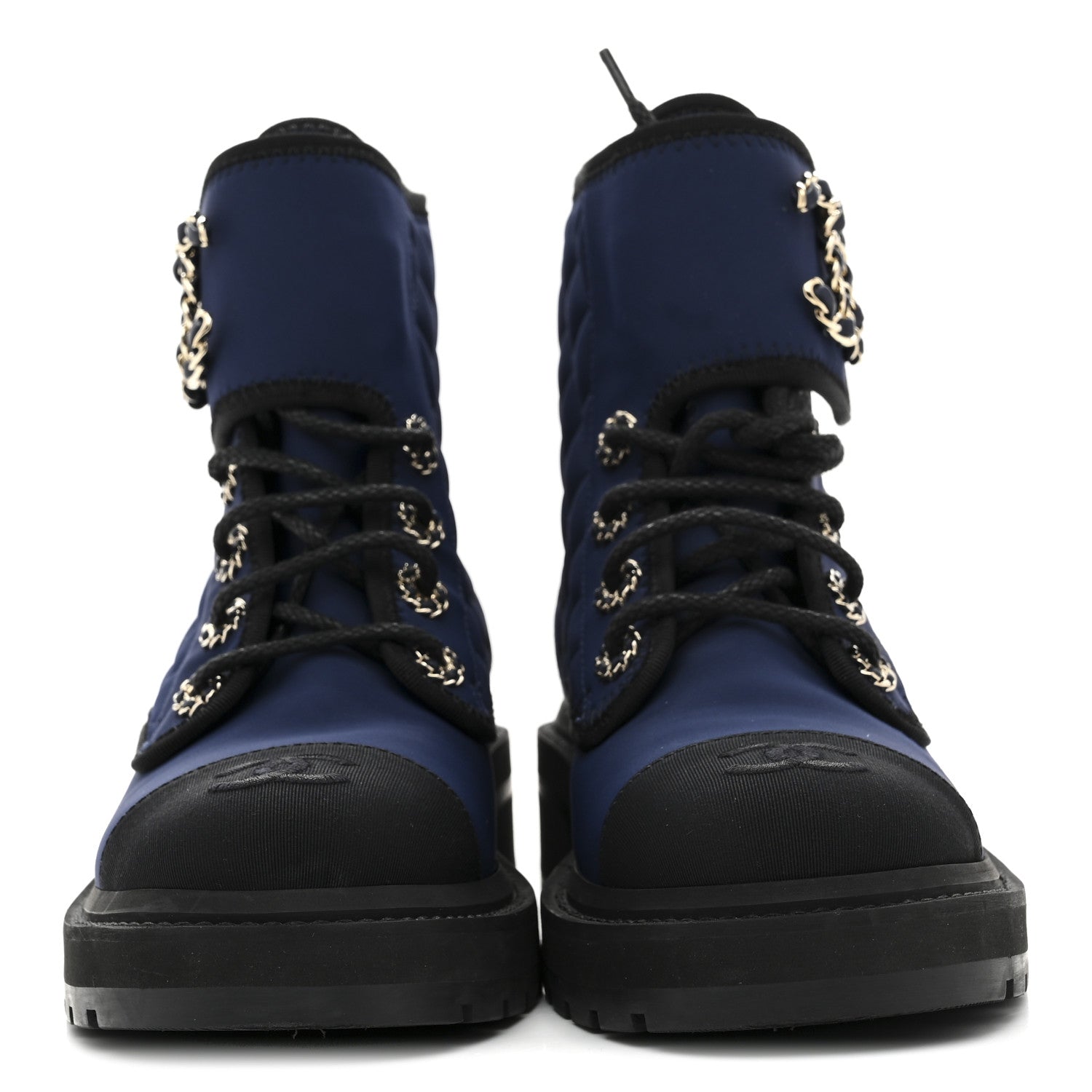 Fabric Grosgrain Quilted Cap Toe Lace Up Combat Boots 36.5 Navy Black