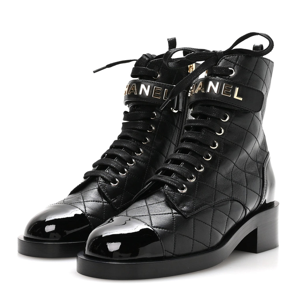 Lambskin Patent Calfskin Quilted Logo Lace Up Combat Boots 39.5 Black