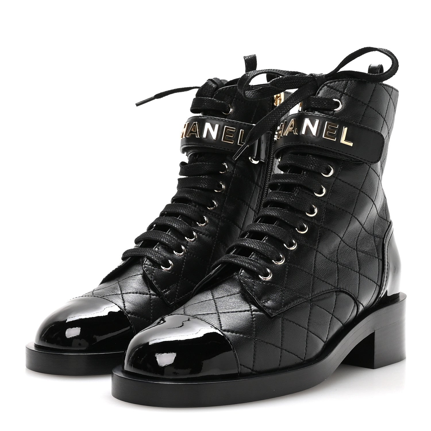 Lambskin Patent Calfskin Quilted Logo Lace Up Combat Boots 39.5 Black