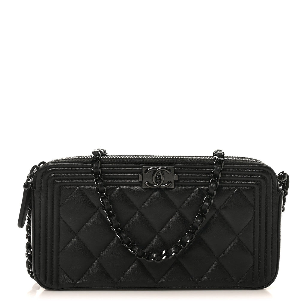 Chanel Lambskin Quilted Small Boy Clutch With Chain So Black