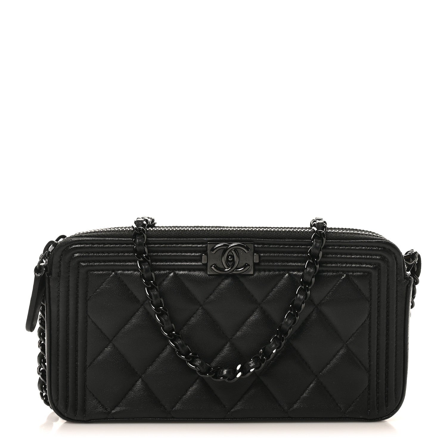 Chanel Lambskin Quilted Small Boy Clutch With Chain So Black