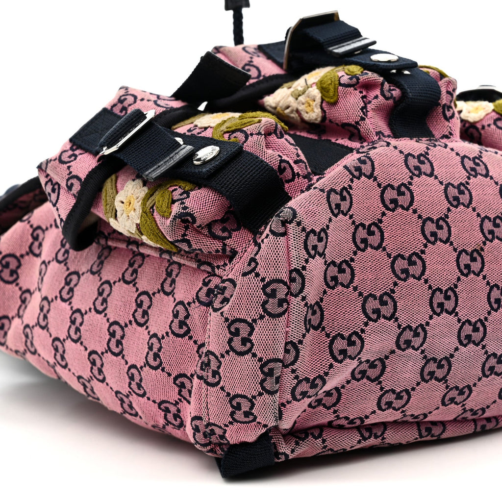 Gucci Monogram Multicolor Floral Embroidered Large Retro Interlocking G Three Pocket Backpack Pink Blue Multicolor