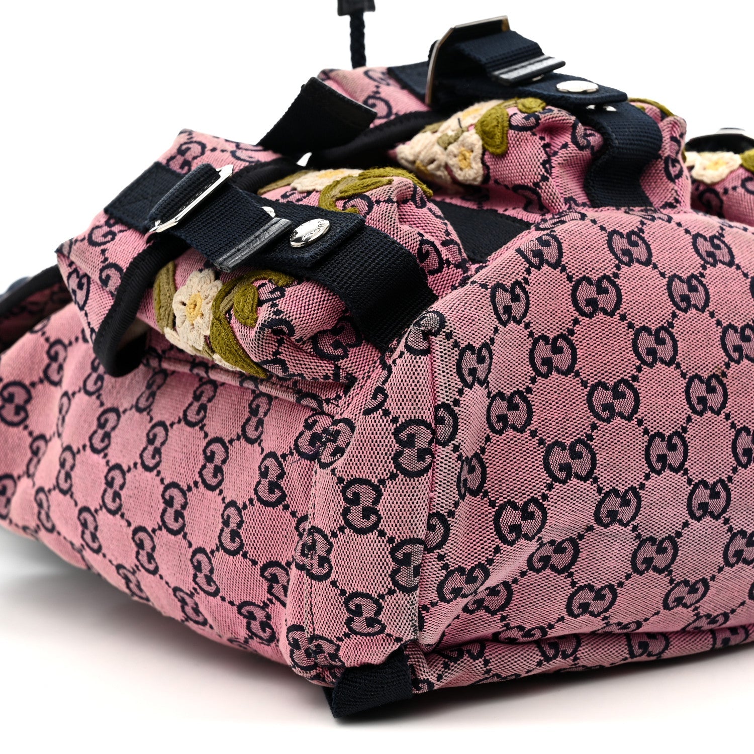 Gucci Monogram Multicolor Floral Embroidered Large Retro Interlocking G Three Pocket Backpack Pink Blue Multicolor