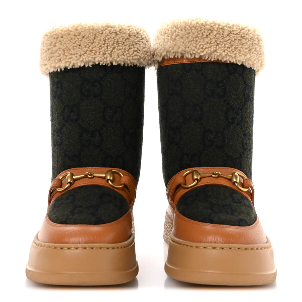 Gucci Covered Wool Monogram Textured Dollar Calfskin Shearling Horsebit Snow Boots 37 Underwood Blue Hazel Brown