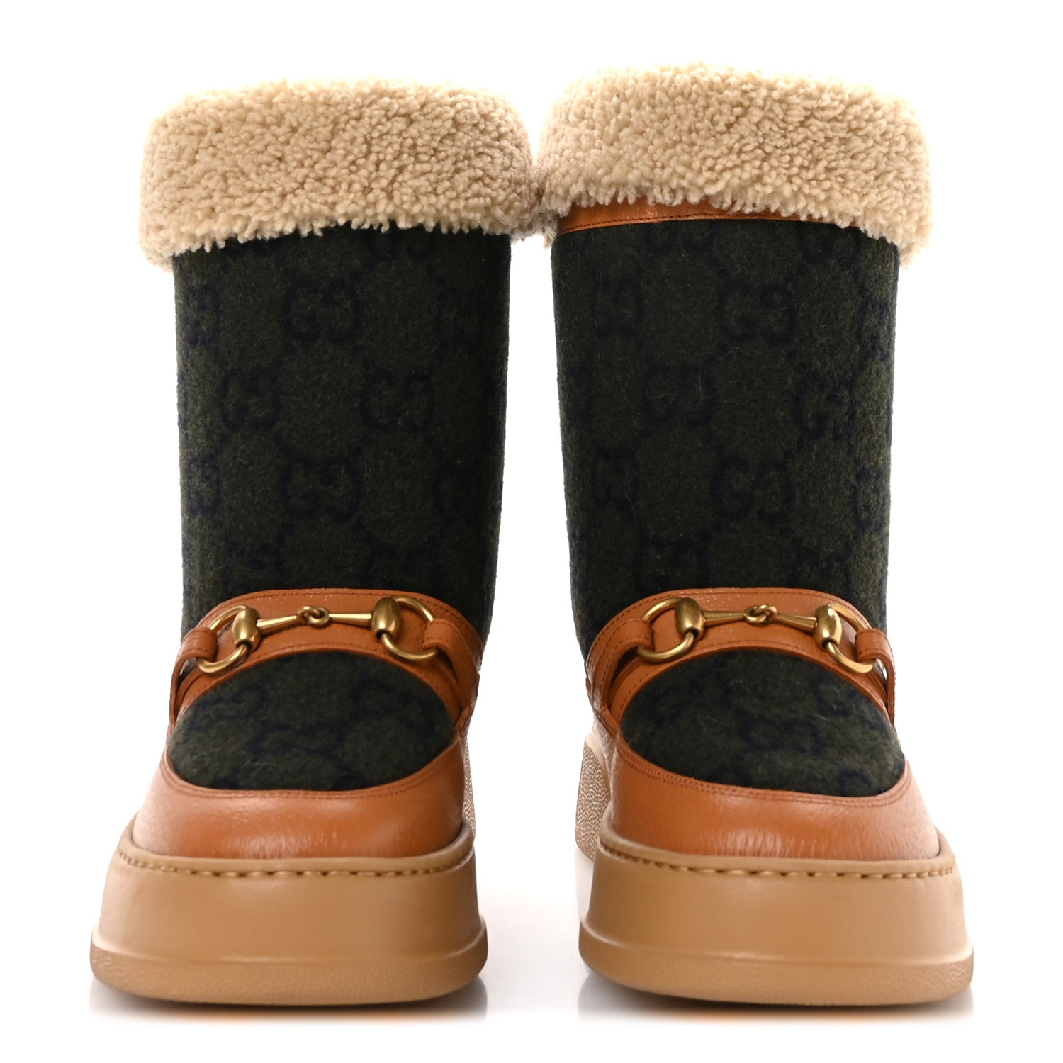 Gucci Covered Wool Monogram Textured Dollar Calfskin Shearling Horsebit Snow Boots 37 Underwood Blue Hazel Brown