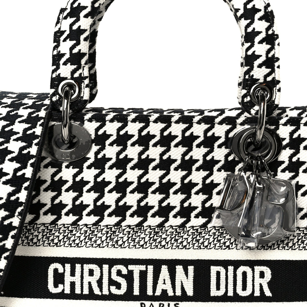 Christian Dior Canvas Houndstooth Embroidered Medium Lady D-Lite Black White