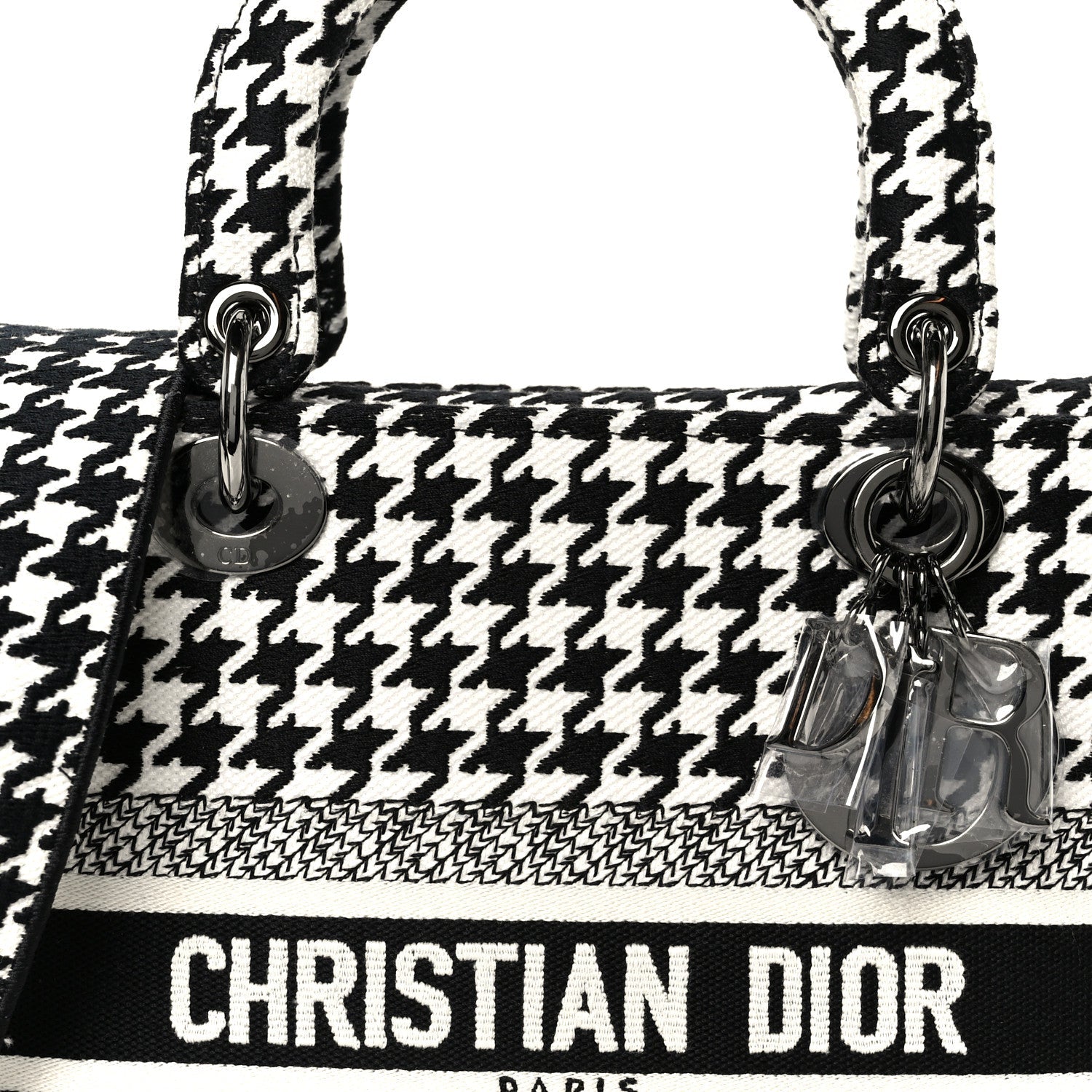 Christian Dior Canvas Houndstooth Embroidered Medium Lady D-Lite Black White