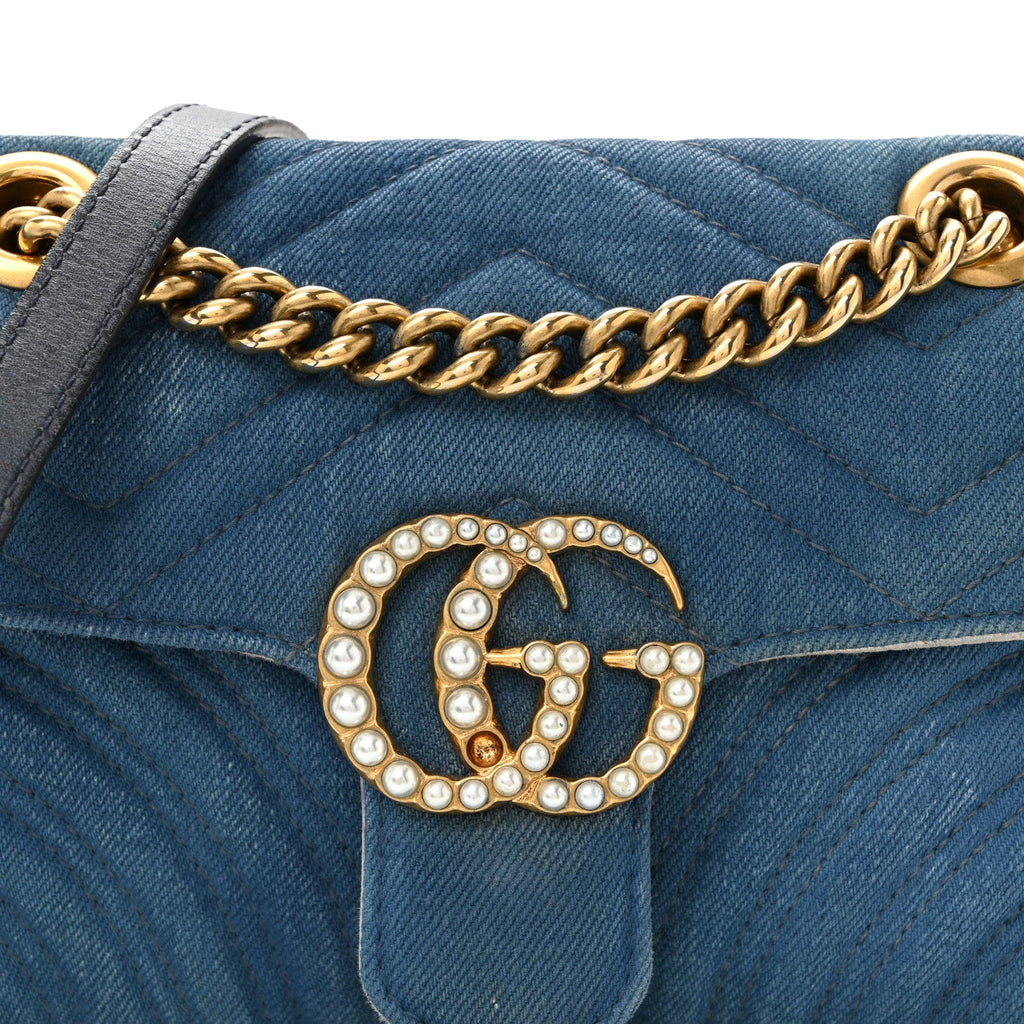 Gucci Denim Matelasse Mini Pearly GG Marmont Shoulder Bag Blue